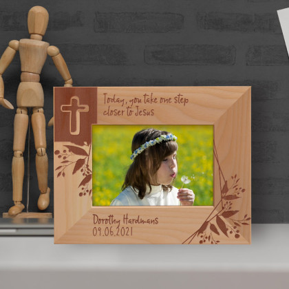 Today You Take One Step Closer To Jesus Personalized Wooden Frame-5" x 3 1/2" Brown Horizontal
