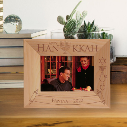 Happy Hanukkah Personalized Wooden Frame-5" x 3 1/2" Brown Horizontal