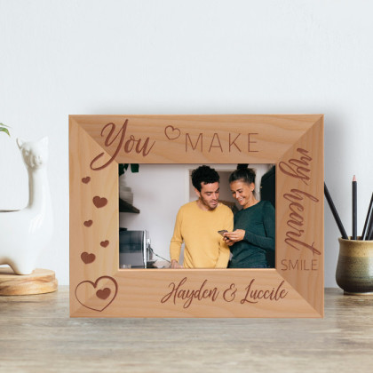 You Make My Heart Smile Personalized Wooden Frame-5" x 3 1/2" Brown Horizontal