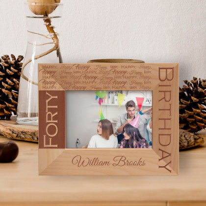 Happy Forty Birthday Personalized Wooden Frame-5" x 3 1/2" Brown Horizontal
