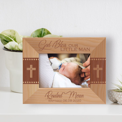 God Bless Our Little Man Personalized Wooden Frame-5" x 3 1/2" Brown Horizontal