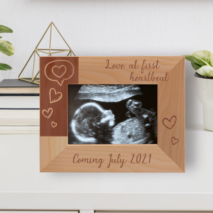 Love At First Heartbeat Personalized Wooden Frame-5" x 3 1/2" Brown Horizontal