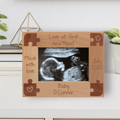 Love At First Heartbeat Personalized Wooden Frame-5" x 3 1/2" Brown Horizontal