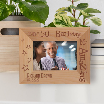 Happy 50th Birthday Mr Amazing Personalized Wooden Frame-5" x 3 1/2" Brown Horizontal