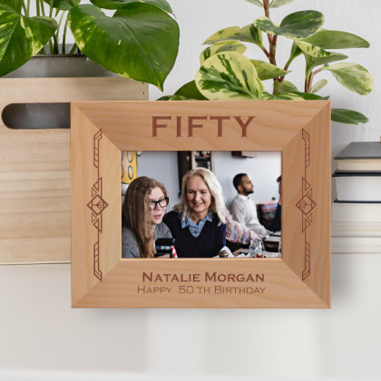 Fifty Happy 50th Birthday Personalized Wooden Frame-5" x 3 1/2" Brown Horizontal