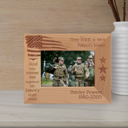They Live In Each Patriot's Breast Personalized Wooden Frame-5" x 3 1/2" Brown Horizontal