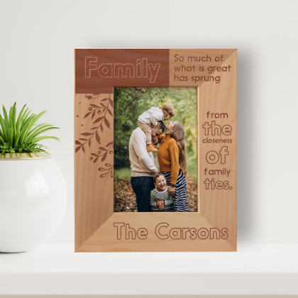 So Much Of What Is Great Has Sprung From The Closeness Of Family Ties Personalized Wooden Frame 3 1/2" x 5" Brown (Vertical)