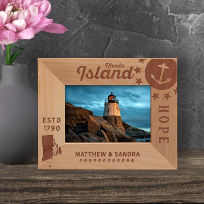 Rhode Island Personalized Wooden Frame-5" x 3 1/2" Brown Horizontal