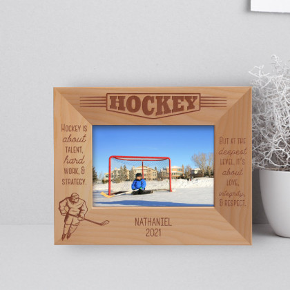 Hockey Personalized Wooden Frame-5" x 3 1/2" Brown Horizontal