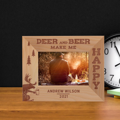 Deer And Beer Make Me Happy Personalized Wooden Frame-5" x 3 1/2" Brown Horizontal