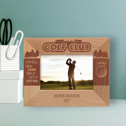 Golf Club Happiness Is A Long Walk With A Putter Personalized Wooden Frame-5" x 3 1/2" Brown Horizontal