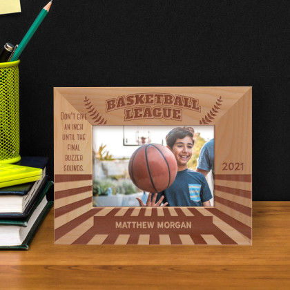 Basketball League Personalized Wooden Frame-5" x 3 1/2" Brown Horizontal