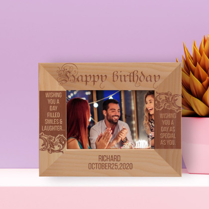 Happy Birthday Wishing You A Day Filled Smiles And Laughter Personalized Wooden Frame-5" x 3 1/2" Brown Horizontal