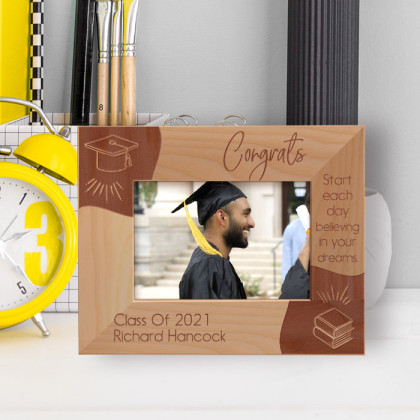 Graduation Start Each Day Believing In Your Dreams Personalized Wooden Frame-5" x 3 1/2" Brown Horizontal