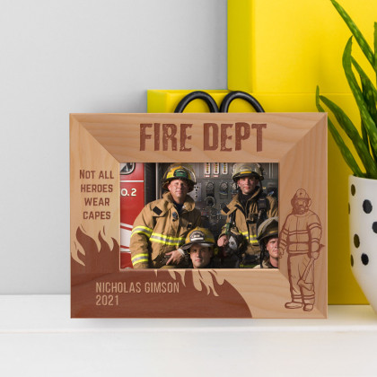 Fire Dept Not All Heroes Wear Capes Personalized Wooden Frame-5" x 3 1/2" Brown Horizontal