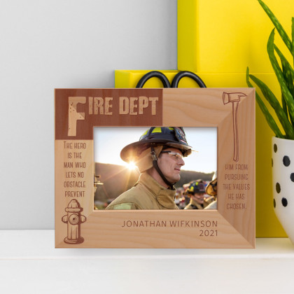 Fire Dept The Hero Is the man Who Lets No Obstacle Prevent Personalized Wooden Frame-5" x 3 1/2" Brown Horizontal