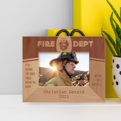 Fire Dept It Is During The Hard Times When The Hero Within Us Is Revealed Personalized Wooden Frame-5" x 3 1/2" Brown Horizontal