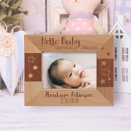 Hello Baby Happiness Is Homemade Personalized Wooden Frame-5" x 3 1/2" Brown Horizontal