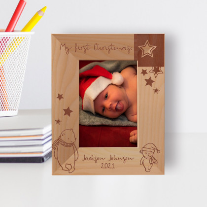 My First Christmas Personalized Wooden Frame 3" x 5" Brown (Vertical)