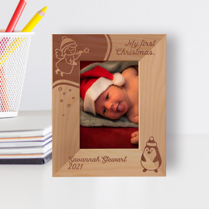 My First Christmas Personalized Wooden Frame 3" x 5" Brown (Vertical)