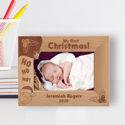 My First Christmas Ho Ho Ho Personalized Wooden Frame-6" x 4" Brown Horizontal