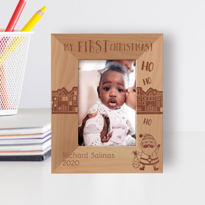 My First Christmas Ho Ho Ho Personalized Wooden Frame 3" x 5" Brown (Vertical)