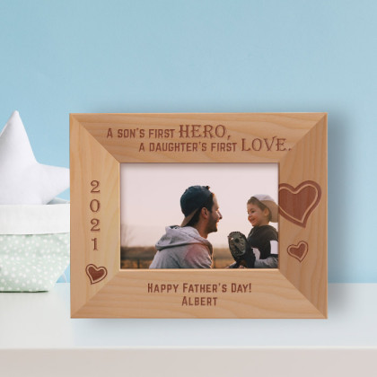 A Son's First Hero A Daughter's First Love Personalized Wooden Frame-5" x 3 1/2" Brown Horizontal