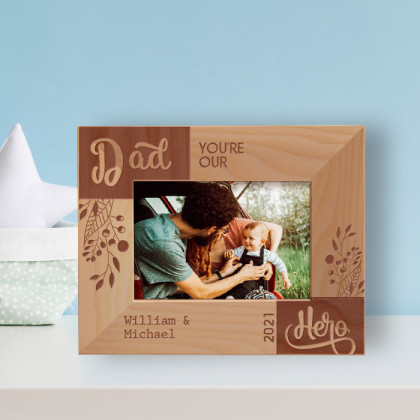 Dad You're Our Hero Personalized Wooden Frame-5" x 3 1/2" Brown Horizontal