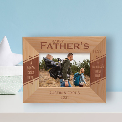Happy Father's Day A Son's First Hero A Daughter's First Love Personalized Wooden Frame-5" x 3 1/2" Brown Horizontal