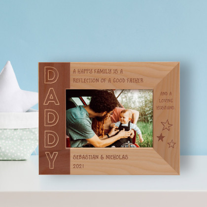 A Happy Family Is A Reflection Of A Good Father And A Loving Husband Personalized Wooden Frame-5" x 3 1/2" Brown Horizontal