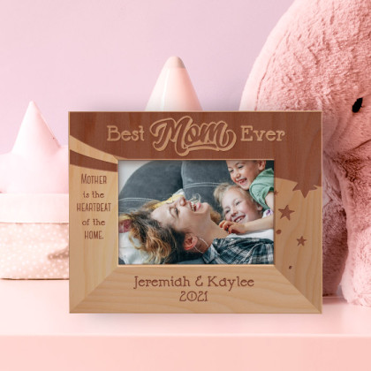 Best Mom Ever Mother Is The Heartbeat Of The Home Personalized Wooden Frame-5" x 3 1/2" Brown Horizontal