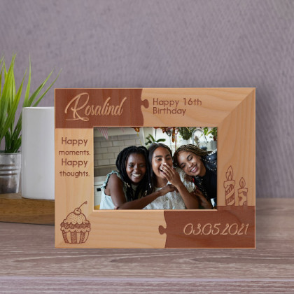 Happy 16th Birthday Happy Moments Happy Thoughts Personalized Wooden Frame-5" x 3 1/2" Brown Horizontal