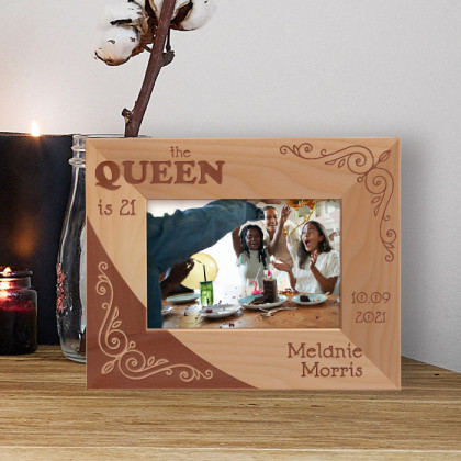 The Queen Is 21 Personalized Wooden Frame-5" x 3 1/2" Brown Horizontal