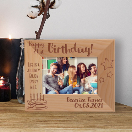 Happy 21st Birthday! Life Is A Journey Enjoy Every Mile Personalized Wooden Frame-5" x 3 1/2" Brown Horizontal