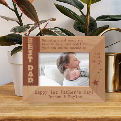 Best Dad Happy 1st Father's Day! Personalized Wooden Frame-5" x 3 1/2" Brown Horizontal