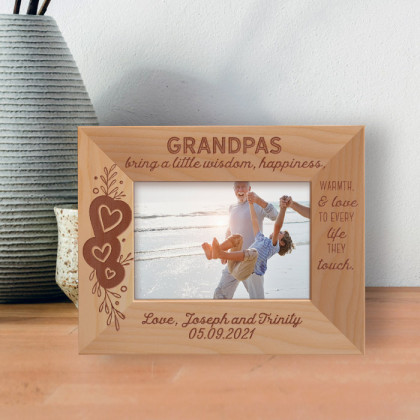 Grandpas Bring A Little Wisdom, Happiness, Warmth & Love to Every Life They Touch Personalized Wooden Frame-5" x 3 1/2" Brown Horizontal