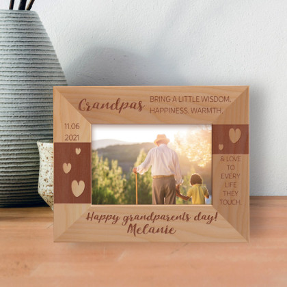 Grandpas Bring A Little Wisdom, Happiness, Warmth & Love to Every Life They Touch Personalized Wooden Frame-5" x 3 1/2" Brown Horizontal