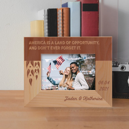America Is A Land Of Opportunity And Don't Ever Forget It Personalized Wooden Frame-5" x 3 1/2" Brown Horizontal
