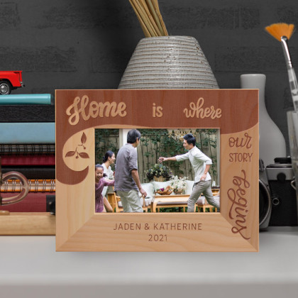 Home Is Where Our Story Begins Personalized Wooden Frame-5" x 3 1/2" Brown Horizontal