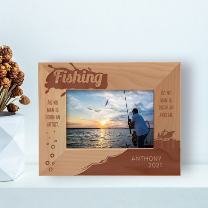 Fishing So No Man Is Born An Angler Personalized Wooden Frame-5" x 3 1/2" Brown Horizontal