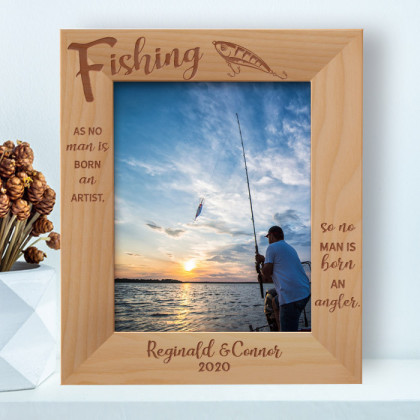 Fishing As No Man Is Born An Artist Personalized Wooden Frame 8" x 10" Brown (Vertical)