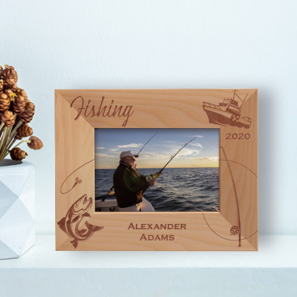 Fishing Personalized Wooden Frame-5" x 3 1/2" Brown Horizontal