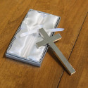 Personalized Polished Metal Religious Cross With White Ribbon