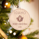 Personalized Round Wooden Idaho Merry Christmas Ornament