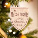 Personalized Inverted Curved Pentagon Wooden Massachusetts Merry Christmas Ornament