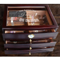 Personalized Dark Mahogany Glass Top Cigar Humidor With 3 Drawers