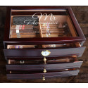 Personalized Wedding Dark Mahogany Glass Top Cigar Humidor With 3 Drawers
