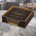 Personalized Valentines Day Coasters Set, Leather 6-Coaster Set Black and Gold, Custom Valentines Gifts