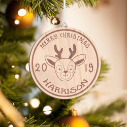 Personalized Round Wooden Deer Inspired Merry Christmas Ornament