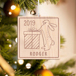 Personalized Wooden Bunny with Gift Box Merry Christmas Ornament